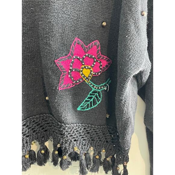 Vintage Fairy Grunge Sweater Floral Embroidered Beaded Fringe Bells Granny Large - Picture 3 of 10